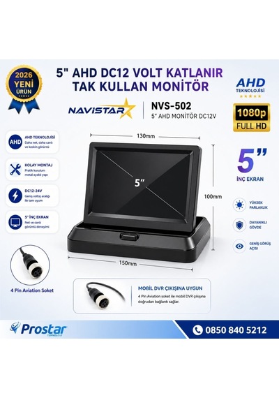 5 İnç Ahd Katlanabilir Araç Monitörü - 1080p, Mobil Dvr Uyumlu 4-pin, Dc12-24v
