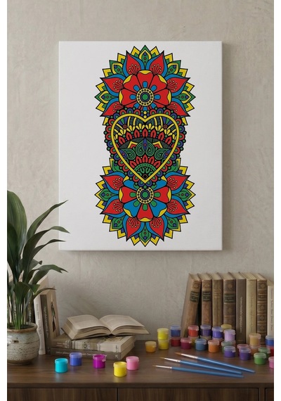 Kalp Çiçek Desenli Mandala Tuval Boyama Seti 40x50 Cm