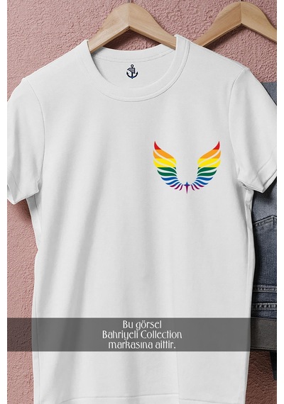 Oversize Wings Lgbt Colors Cep Tasarımlı Unisex T-shirt Beyaz