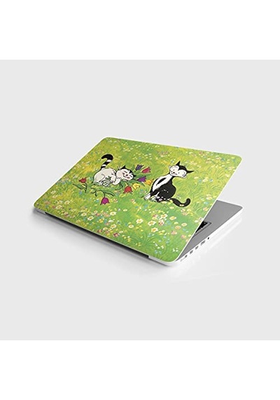 Laptop Sticker Notebook Pc Kaplama Etiketi Çiçekler Ve Kedi 124-Pembe