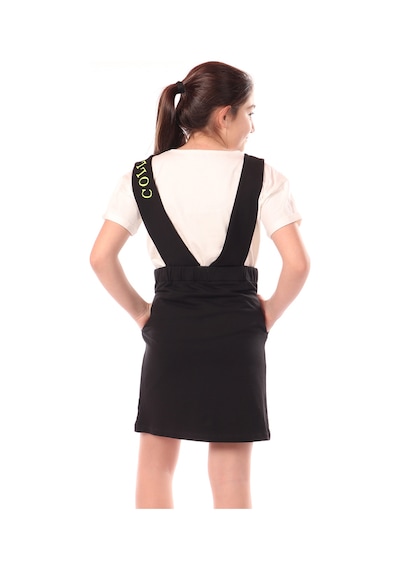 Toontoy Kız Çocuk Bisiklet Yaka Basic T-shirt Ve Askılı Cepli Nakış Baskılı Salopet Elbise - 2'li Takım Siyah