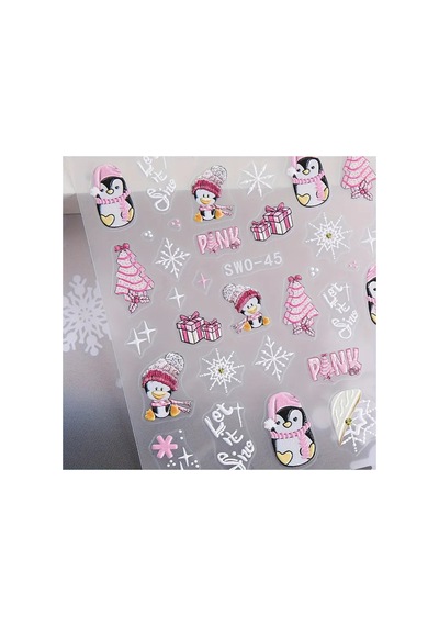 Penguen Kar Tanesi Noel 3d Tasarım Pembe Yapışkan Sticker Tırnak Dövmesi Nail Art