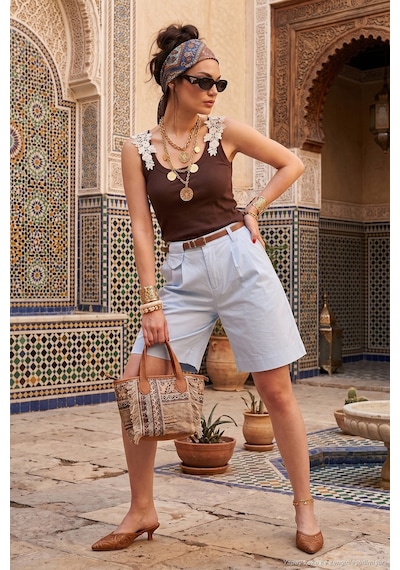 Lela Pamuklu Loose Fit Pileli Kemerli Bermuda Şort Bayan Şort 668yp5439 Mavi