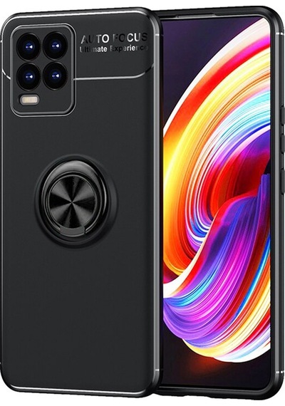 Realme 8 Focus Yüzük Standlı Silikon Kılıf - Siyah