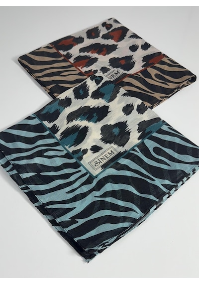 Sinem İndia Leopar Desen 2'li Eşarp -6294 Kiremit-mavi