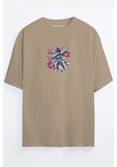 Astronot Baskılı Unisex Siyah - Beyaz - Turuncu - Bej Oversize T-shirt Bej