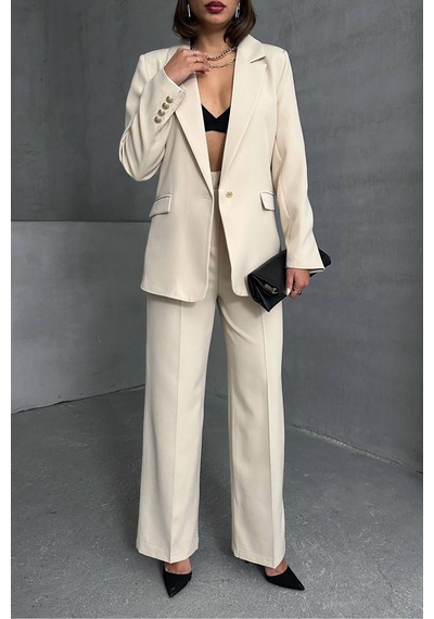 Neşeli Butik Kadın Gold Düğme Detaylı Blazer Ceket Nbg077 Bej