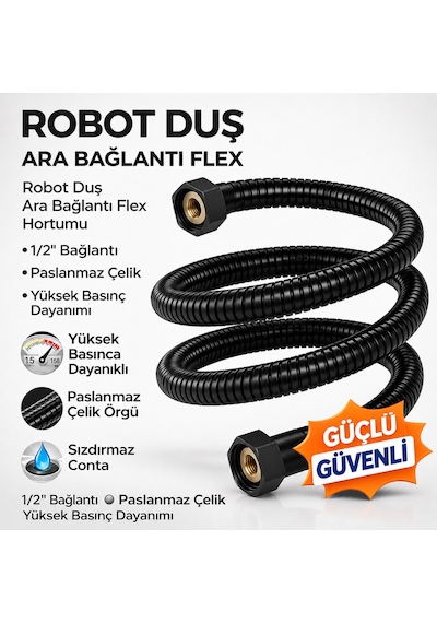 Robot Duş Ara Bağlantı Hortumu 60 Cm Flex Hortum Paslanmaz Çelik Örgülü Yüksek Basınçlı Siyah