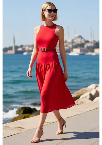 Benerly Kadın Kolsuz Maxi Elbise Kemerli Halter Yaka Skater Kesim Astarlı Kırmızı
