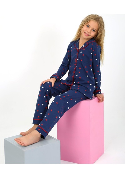 Kız Çocuk Uzun Kollu %100 Pamuklu Düğmeli Pijama Takımı Lovely Lacivert
