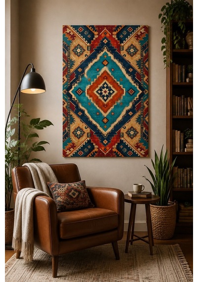 Türk Halı Desenli Baskılı Cam Tablo Boho Modern Dekoratif Duvar Tablosu