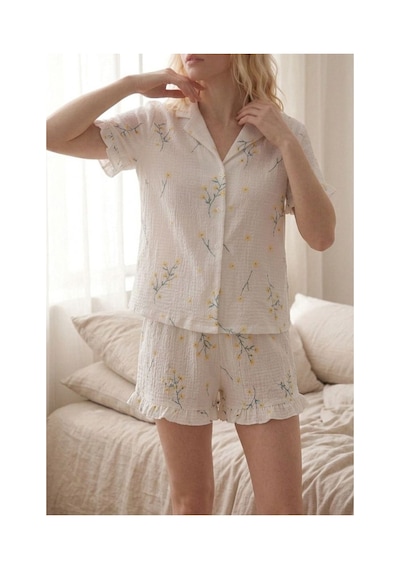 Fit Women Çiçek Desenli Fırfır Detaylı Şortlu Pijama Takımı 8075 Çok Renkli