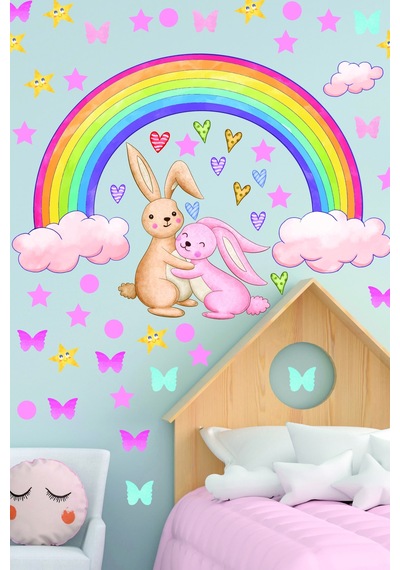 Gökkuşağı Sevimli Tavşanlar Yıldızlar Ve Kalpler Çocuk Odası Duvar Sticker