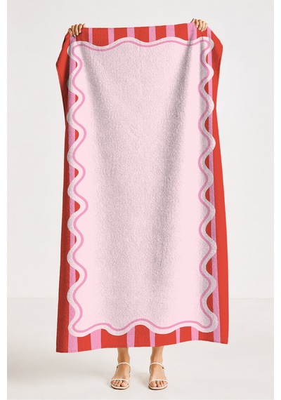 Çizgili Dalga Motifli Pembe Kırmızı Plaj Havlusu - Modern Şeker Tonlu Hızlı Kuruyan Mikrofiber Havlu Çok Renkli