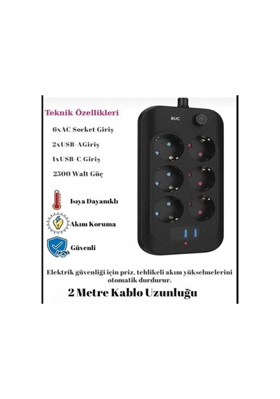 Blic Ftr-11 Termal Akım Korumalı 6 Priz 3 Usb Girişli 2 Metre Uzatma Kablolu Priz 0.2 M