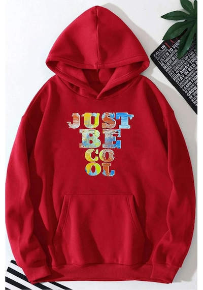 Medinenur Just Be Cool Baskılı Kapüşonlu Sweatshirt Kırmızı