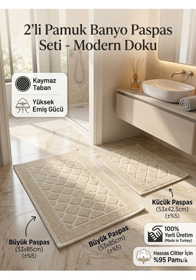 İkili Banyo Paspası Pamuklu Kaymaz Taban Dikdörtgen Banyo Paspas Kilim Set Krem