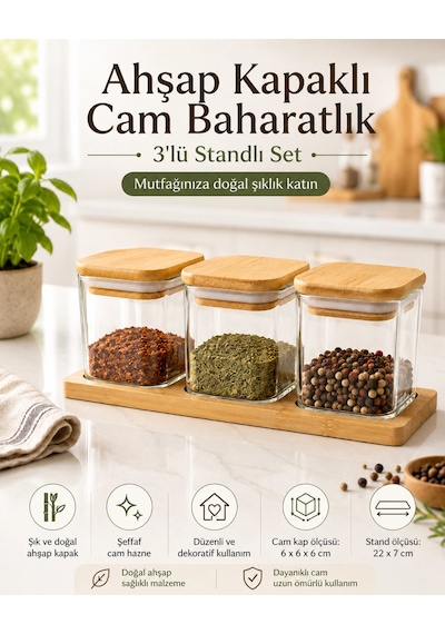 Bambu Kapaklı Cam Baharatlık 3'lü Set Çok Renkli