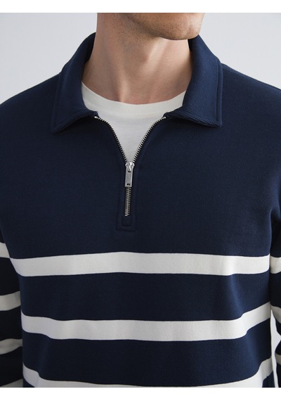 Lcw Vision Lacivert Polo Yaka Uzun Kollu Çizgili Erkek Sweatshirt