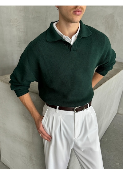Erkek Polo Yaka Örme Oversize Kazak Koyu Yeşil