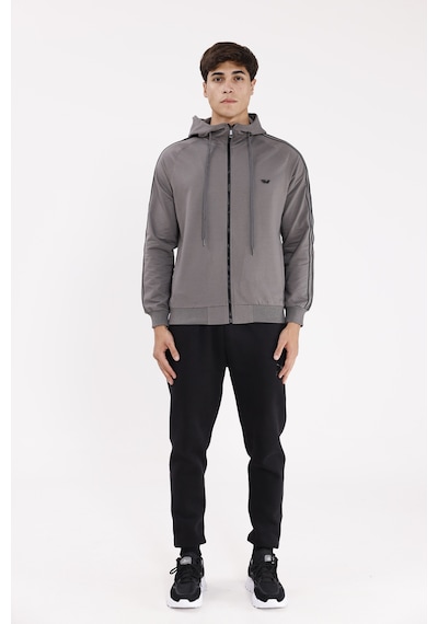 Rowinger Çift Şerit Kol Detaylı Tam Fermuarlı Cepli Rahat Kalıp Ayarlanabilir Kapüşonlu Sweatshirt Antracite