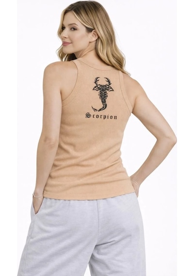 Kadın Fitilli Atlet Sıfır Yaka Slim Fit Arka Baskılı Spor Atlet - Bej