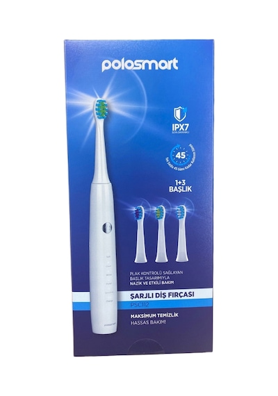 Polosmart Psc112 Şarjlı Diş Fırçası Ipx7 Su Geçirmez 1+3 Başlık 45 Gün Pil Ömrü Beyaz Sonic Elektrik