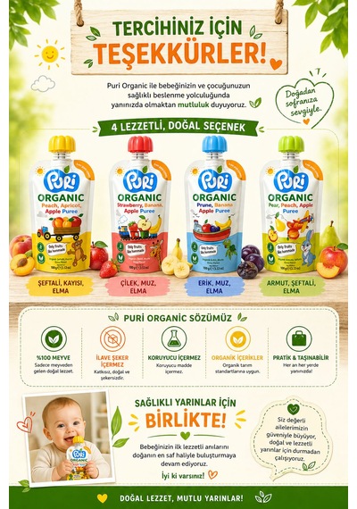 Organic %100 Organik Meyve Püresi Şeftali - Kayısı - Elma 100 G İlave Şekersiz