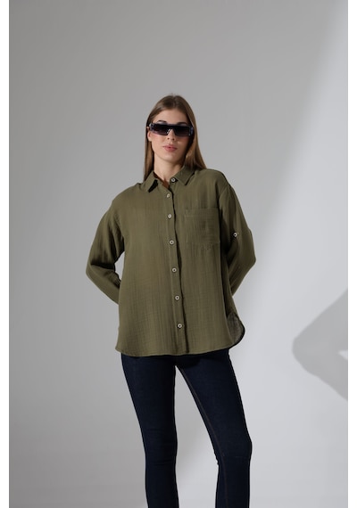 Oversize Basic Müslin Gömlek Haki
