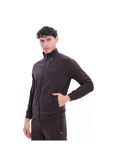 Rowinger 3 İplik Kalın Dokulu Pilot Yaka Velör Şeritli Tam Fermuarlı Erkek Sweatshirt Brown