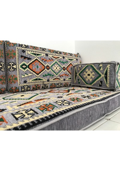 Turkıshrug Kıngdom 10 Cm Süngerli Otantik Şark Köşesi Takımı Gri Renkli 18 Parça Kilim Ve Puf Dahil Sedir Seti