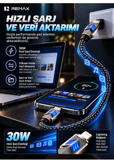 Remax Cb05-cl Bumblebee Serisi 30w Pd Type-c To Lightning Led Işıklı Çinko Alaşımlı Örgülü Hızlı Şarj Ve Data Kablosu 1.2 Metre Siyah