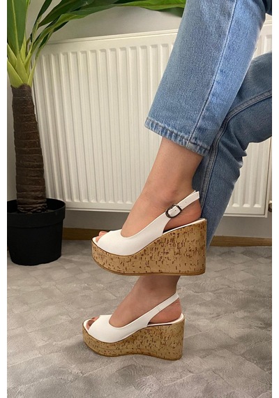 Asmi Shoes Kadın Fenni 10 Cm Dolgu Topuklu Mantar Taban Ayakkabı Beyaz