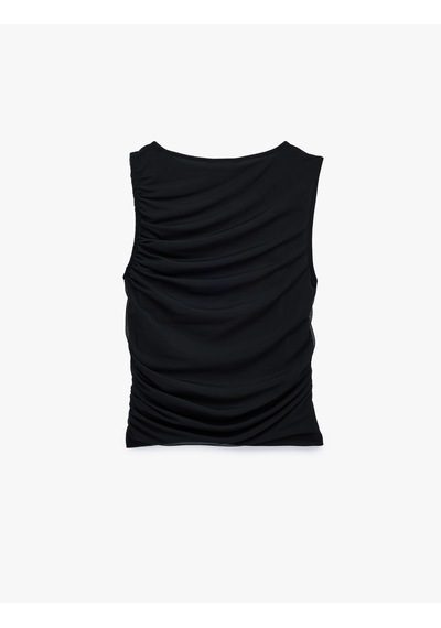Koton Skinny Fit Bisiklet Yaka Drapeli Kolsuz Tül Bluz Siyah 6sak10413ek