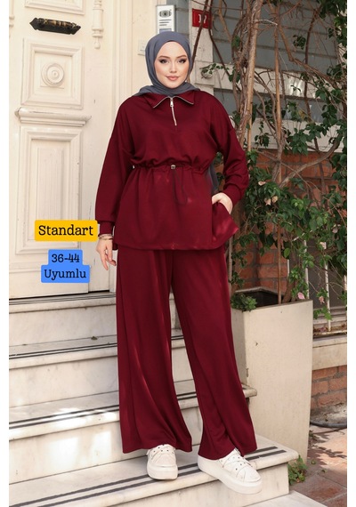 Balenbi Kadın Oversize Kesim Fermuarlı Yaka Bel Stoperli Modal Takım 1234 Bordo