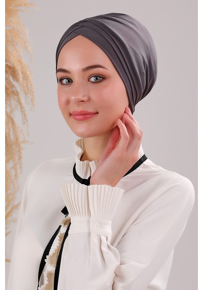 Melodi Scarf Kadın Üç Bantlı Çapraz Hazır Türban Havuz Deniz Dış Bone Antrasit Koyu Gri Antrasit