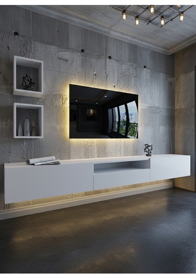 Resital Duvara Monte Ledli 270 Cm Tv Ünitesi Duvar Raflı - Ll6028 Beyaz