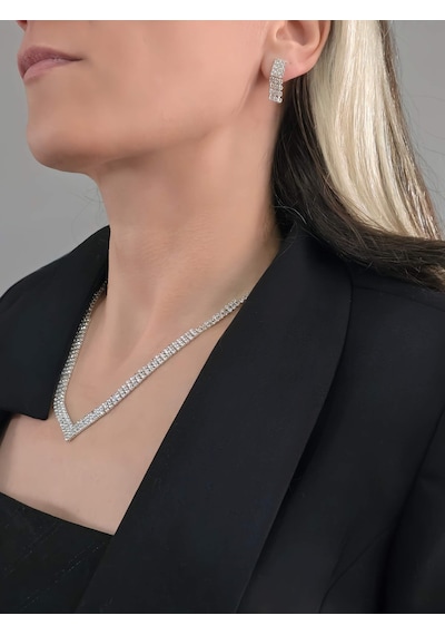 Eva Takı Store Kristal Taşlı Su Yolu Model Yılbaşı - Abiye - Düğün -event Kolye Küpe Set Silver Gümüş