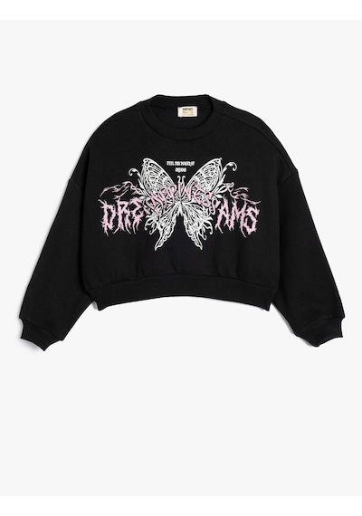 Koton Crop Sweatshirt Kelebek Baskılı Uzun Kollu Bisiklet Yaka Siyah 5wkg10198ak Siyah