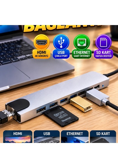 Type-c Çoklu Bağlantı Hub Hdmı, Usb, Ethernet Ve Sd Kart Destekli Adaptör