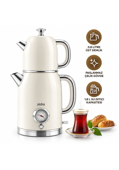 Krem Elektrikli Cam Demlikli Plastik Retro Çay Seti Çaycı Derece Göstergeli 1600w 1.8lt - 1lt Stm-5849
