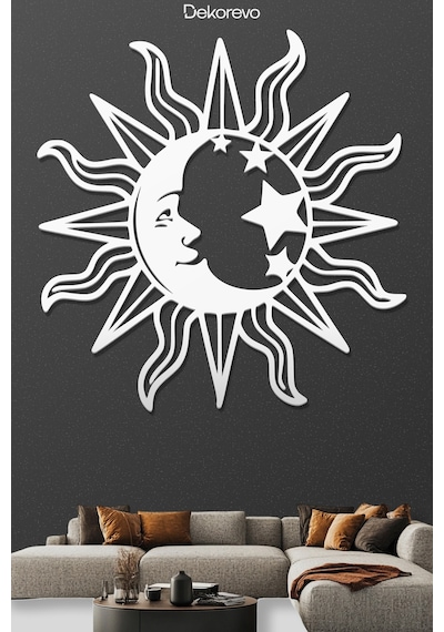 Mistik Kozmos Güneş Ve Ay Metal Duvar Dekoru - Metal Duvar Sanatı - Beyaz - 30 X 30 Cm
