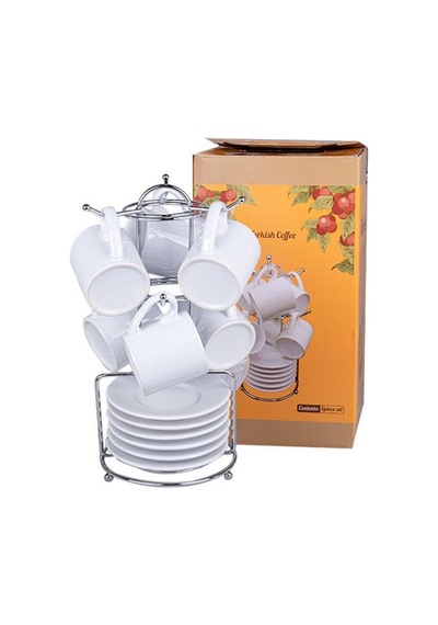 Bk Gift Kişiye Özel Logolu 6'lı Metal Standlı Türk Kahvesi Fincanı, Firmalara Özel Fincan, Yeni İş Hediyesi Beyaz