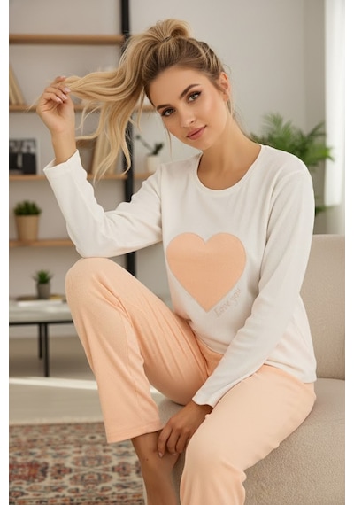 Siyah İnci Pamuklu Fitilli Kaşkorse Örme Pijama Takım25226013 Somon