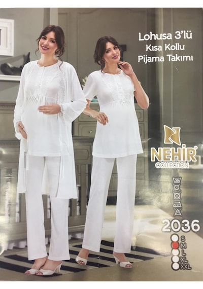 Nehir 2036 Ekru Hamile Lohusa 3Lü Pijama Sabahlık Takım