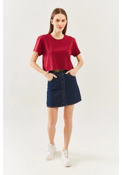 Kadın Rahat %100 Pamuklu Penye Bisiklet Yaka Kısa Kol Basic Crop T-shirt Bordo