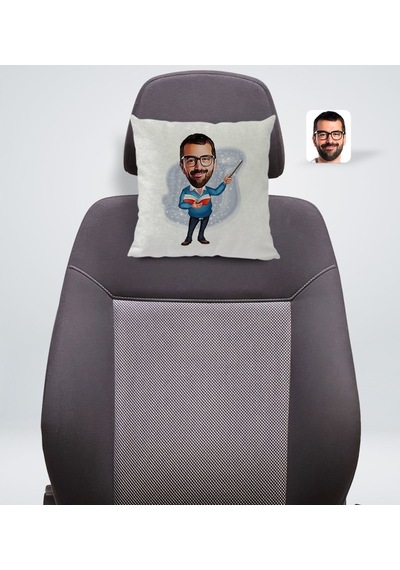Bk Gift Kişiye Özel Erkek Öğretmen Karikatürlü Kare Araç Koltuk Yastığı-2 Çok Renkli