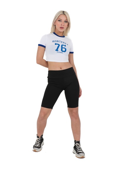 Sortie Collection Bisiklet Yaka Önü Baskılı Pamuklu Crop Tişört Beyaz