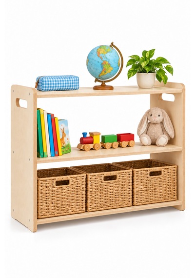 Vecta Montessori Huş Ahşap Oyuncak Dolabı Ve Çocuk Kitaplığı 2 Katlı, Çift Taraflı Açık Raf
