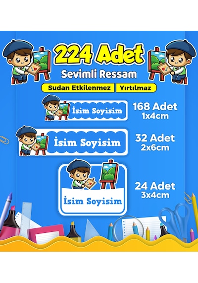 Sevimli Ressam Okul Kreş Kişiye Özel İsim Etiket Seti - Model 497 Çok Renkli
